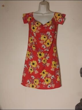 Divided Red Mini Dress with Yellow Floral Print Womens Size 14.